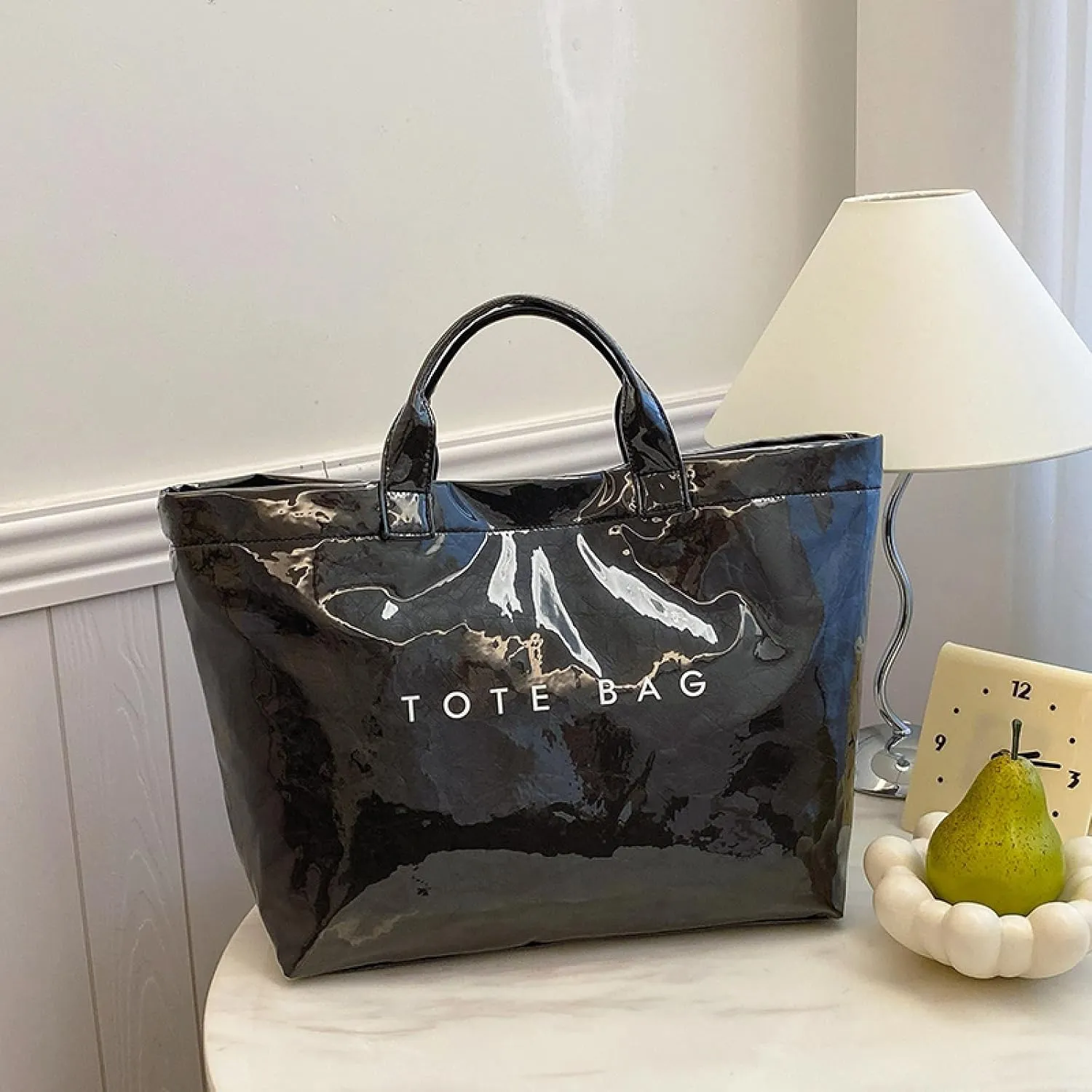 Tote Bag for Women - PVC Letter Handbag, Large Kraft Paper Top Handle Hobo Bag