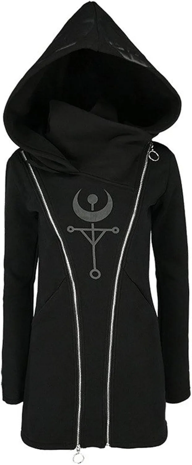 tuduoms Black Punk Gothic Hoodie Women Long Sleeve Zip Up Hoodie Moon Jacket Top Long Sweatshirts Plus Size Y2k Goth Clothing