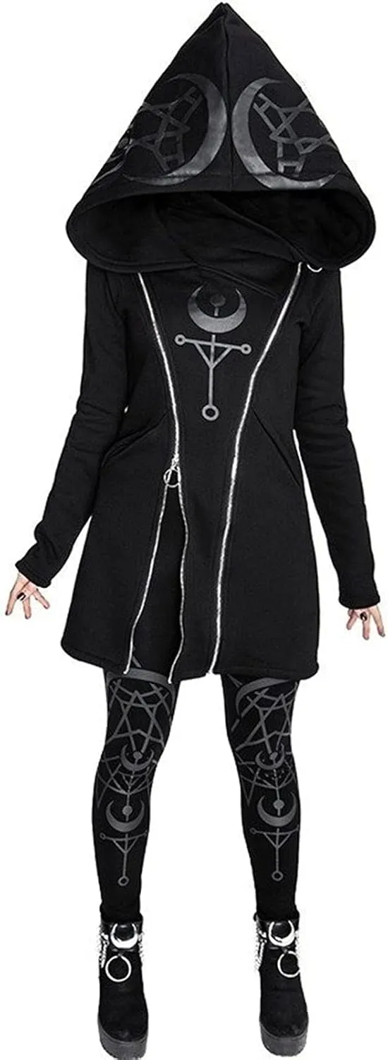 tuduoms Black Punk Gothic Hoodie Women Long Sleeve Zip Up Hoodie Moon Jacket Top Long Sweatshirts Plus Size Y2k Goth Clothing