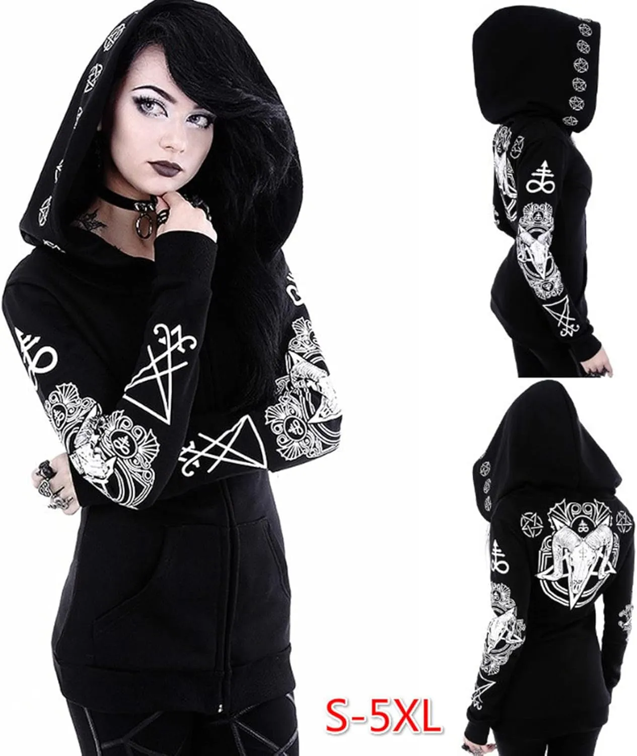 tuduoms Black Punk Gothic Hoodie Women Long Sleeve Zip Up Hoodie Moon Jacket Top Long Sweatshirts Plus Size Y2k Goth Clothing