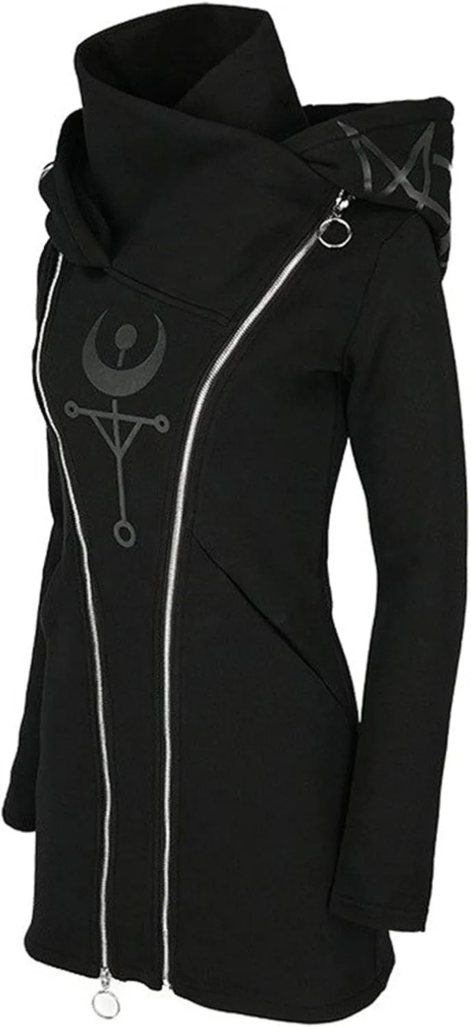 tuduoms Black Punk Gothic Hoodie Women Long Sleeve Zip Up Hoodie Moon Jacket Top Long Sweatshirts Plus Size Y2k Goth Clothing