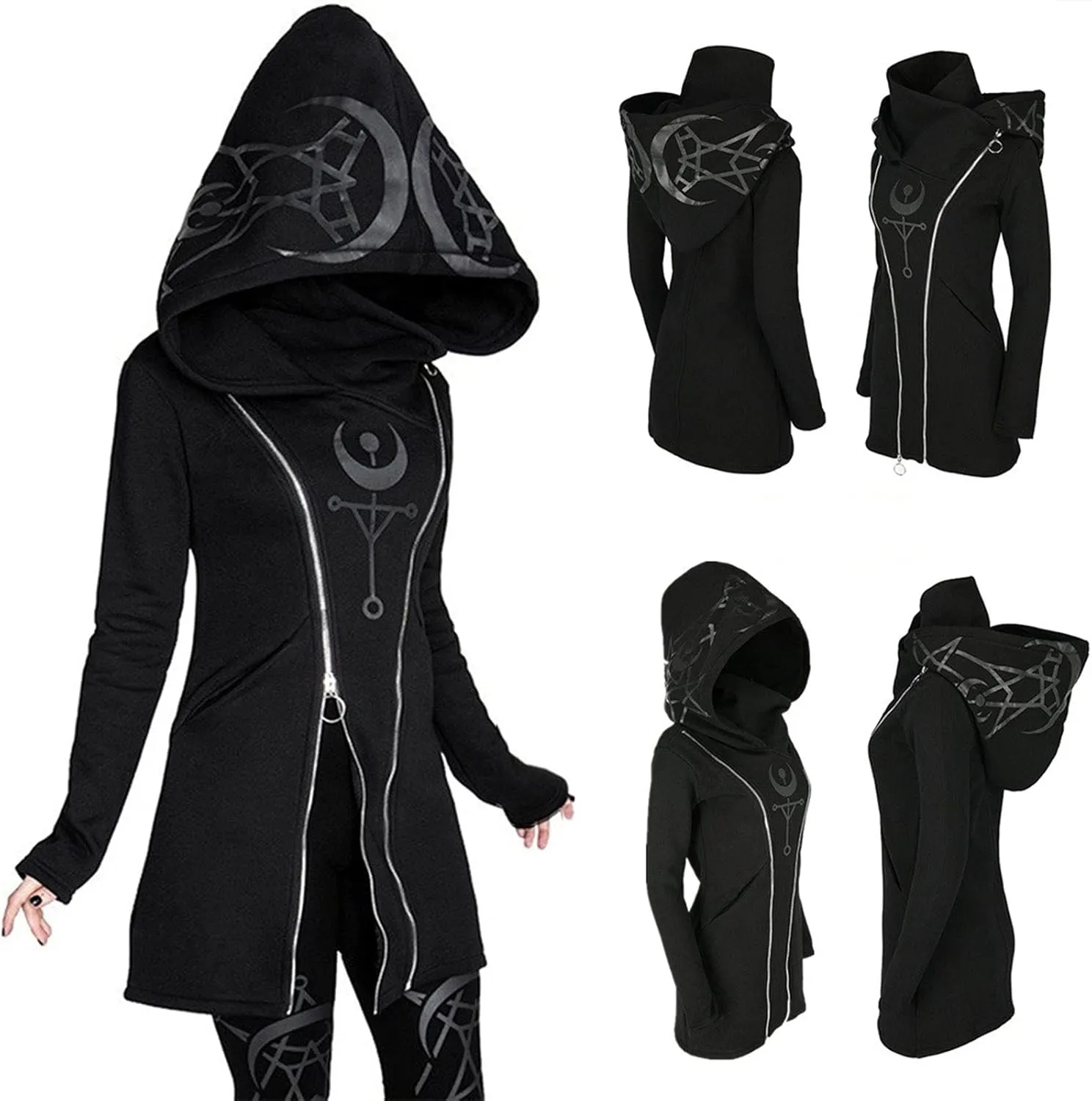 tuduoms Black Punk Gothic Hoodie Women Long Sleeve Zip Up Hoodie Moon Jacket Top Long Sweatshirts Plus Size Y2k Goth Clothing