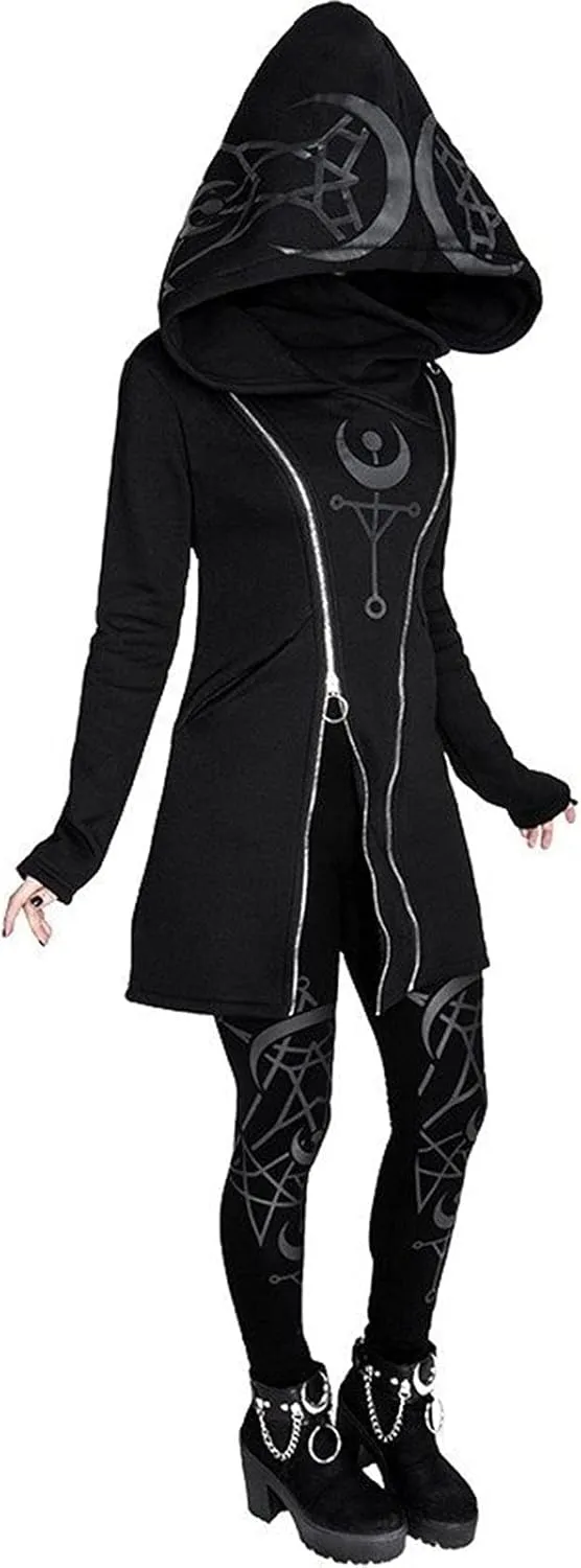 tuduoms Black Punk Gothic Hoodie Women Long Sleeve Zip Up Hoodie Moon Jacket Top Long Sweatshirts Plus Size Y2k Goth Clothing