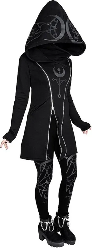 tuduoms Black Punk Gothic Hoodie Women Long Sleeve Zip Up Hoodie Moon Jacket Top Long Sweatshirts Plus Size Y2k Goth Clothing