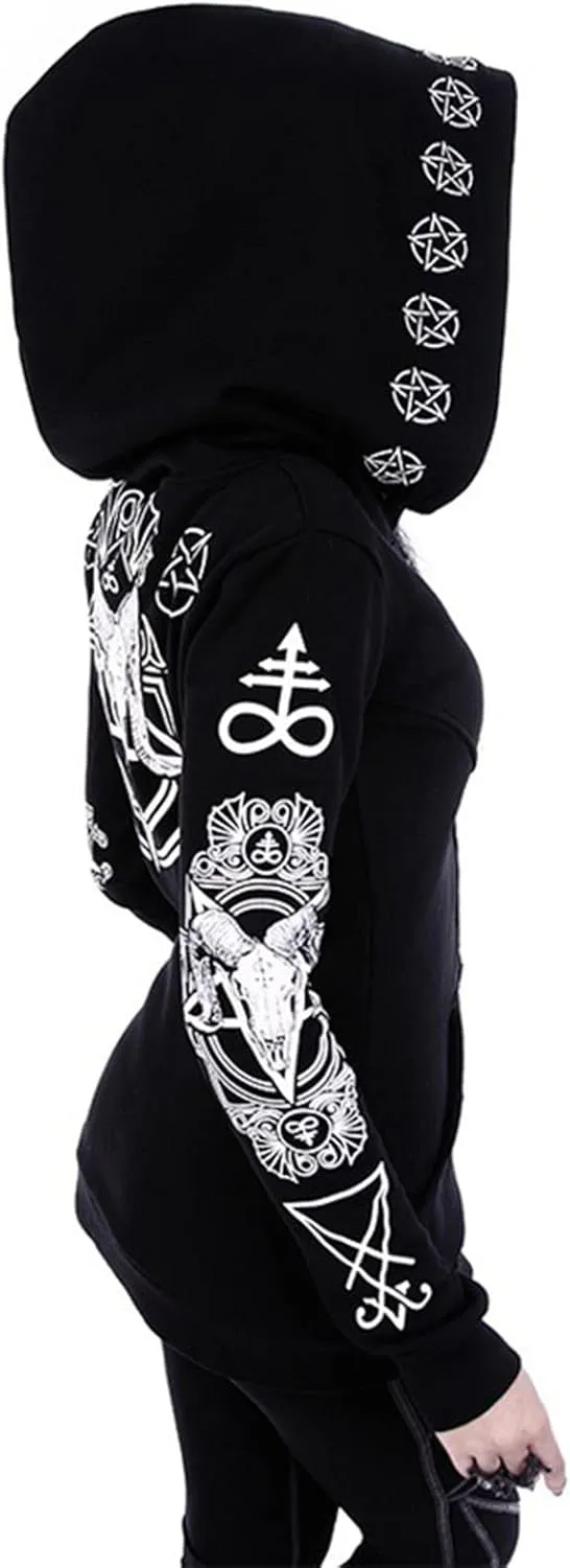 tuduoms Black Punk Gothic Hoodie Women Long Sleeve Zip Up Hoodie Moon Jacket Top Long Sweatshirts Plus Size Y2k Goth Clothing