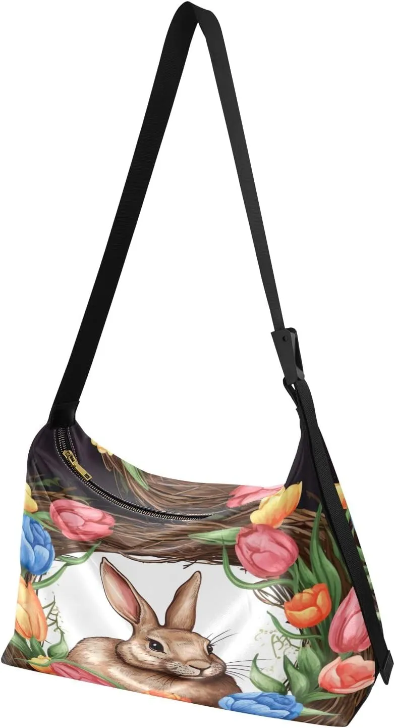 Two Bunny Rabbits Sitting in Basket Vegan Crossbody Bag, Faux Leather Shoulder Bag, Shoulder Sling Bag for Men