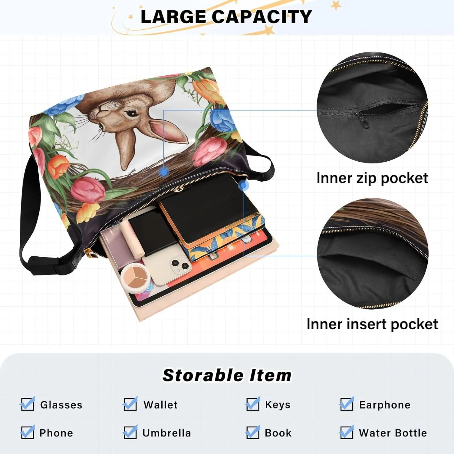 Two Bunny Rabbits Sitting in Basket Vegan Crossbody Bag, Faux Leather Shoulder Bag, Shoulder Sling Bag for Men