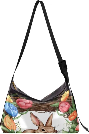 Two Bunny Rabbits Sitting in Basket Vegan Crossbody Bag, Faux Leather Shoulder Bag, Shoulder Sling Bag for Men