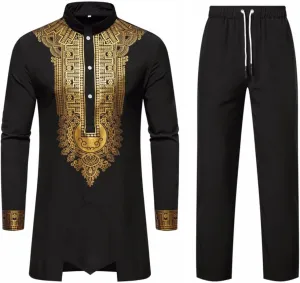 UNINUKOO African Dashiki for Men 2 Piece Sets Traditional Gold Print Shirts and Pants Suit Outfit