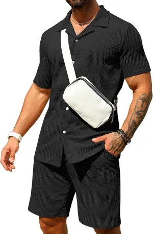 URRU Men's Shirt and Shorts Set Summer Outfits 2 Piece Fashion Short Sleeve Casual Button Down Shirts Set for Men
