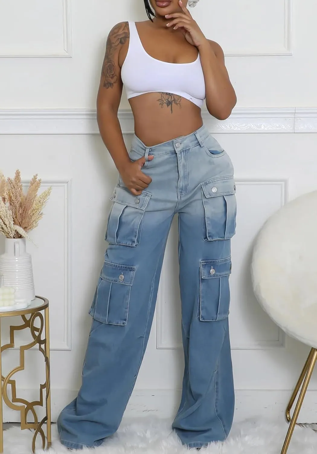 Vakkest Women's Cargo Jeans Wide Leg High Waist Jogger Baggy Denim Pants Boyfriends Trendy Trousers with Multi Pockets