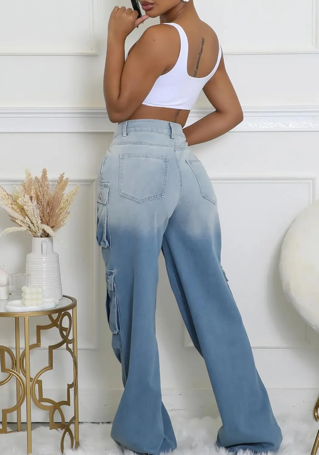 Vakkest Women's Cargo Jeans Wide Leg High Waist Jogger Baggy Denim Pants Boyfriends Trendy Trousers with Multi Pockets