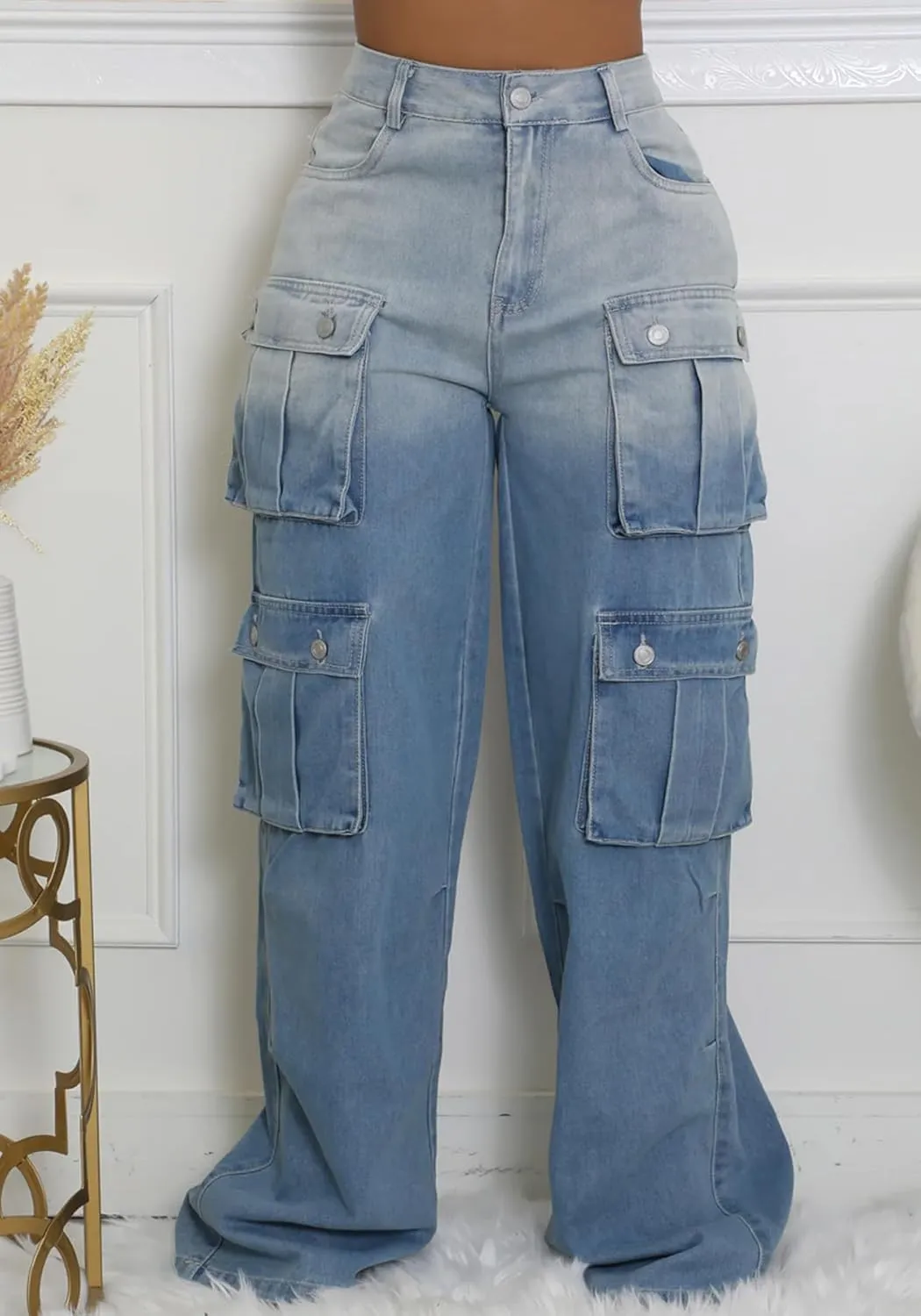 Vakkest Women's Cargo Jeans Wide Leg High Waist Jogger Baggy Denim Pants Boyfriends Trendy Trousers with Multi Pockets