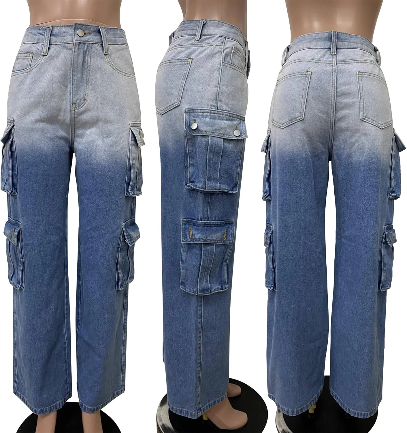 Vakkest Women's Cargo Jeans Wide Leg High Waist Jogger Baggy Denim Pants Boyfriends Trendy Trousers with Multi Pockets