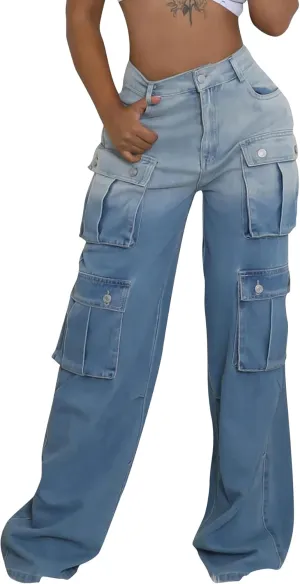 Vakkest Women's Cargo Jeans Wide Leg High Waist Jogger Baggy Denim Pants Boyfriends Trendy Trousers with Multi Pockets