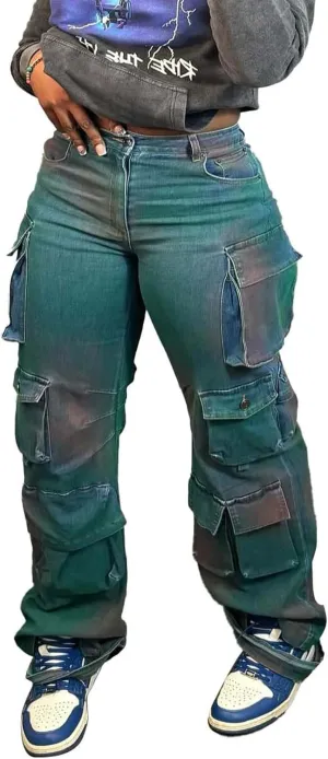 Vakkest Women's Cargo Jeans Wide Leg High Waist Jogger Baggy Denim Pants Boyfriends Trendy Trousers with Multi Pockets
