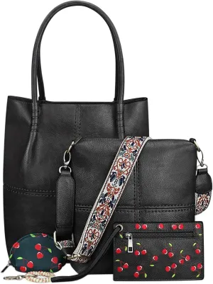 Vegan Leather Tote Bags for Women Hobo Shoulder Handbag Crossbody Bag with Matching Purses Stylish Wallet and Handbags 4PCS
