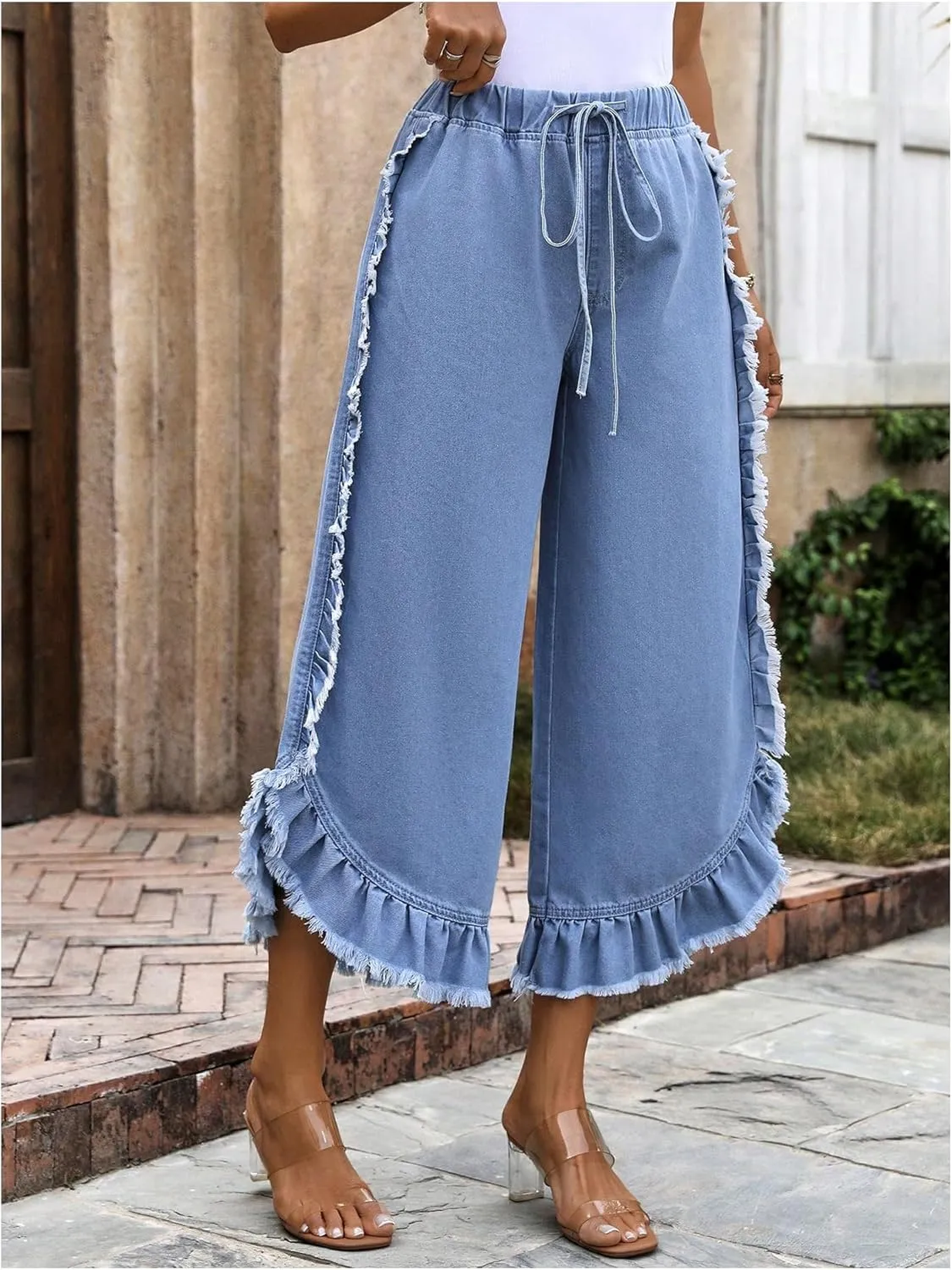Verdusa Women's Wide Leg Baggy Cropped Jeans Ruffle Frayed Drawstring High Rise Denim Pants
