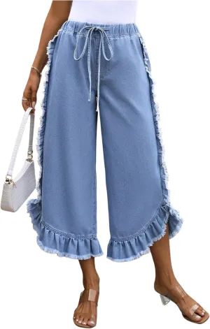 Verdusa Women's Wide Leg Baggy Cropped Jeans Ruffle Frayed Drawstring High Rise Denim Pants