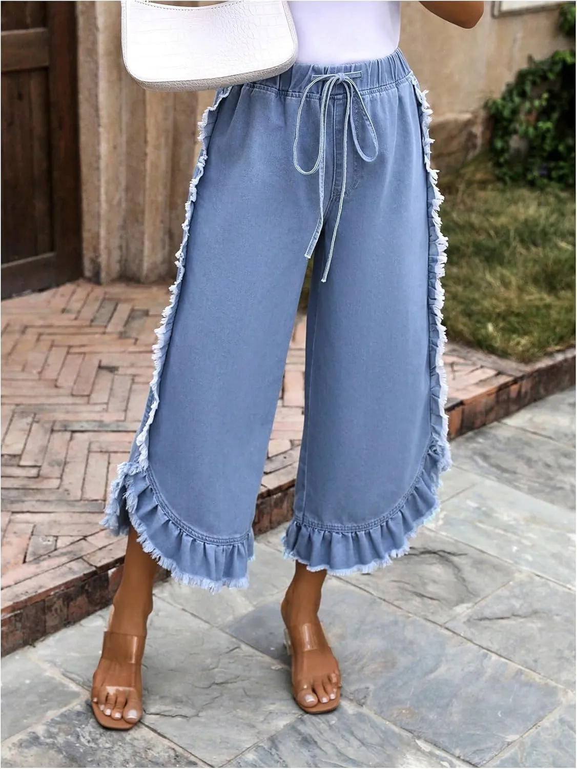 Verdusa Women's Wide Leg Baggy Cropped Jeans Ruffle Frayed Drawstring High Rise Denim Pants