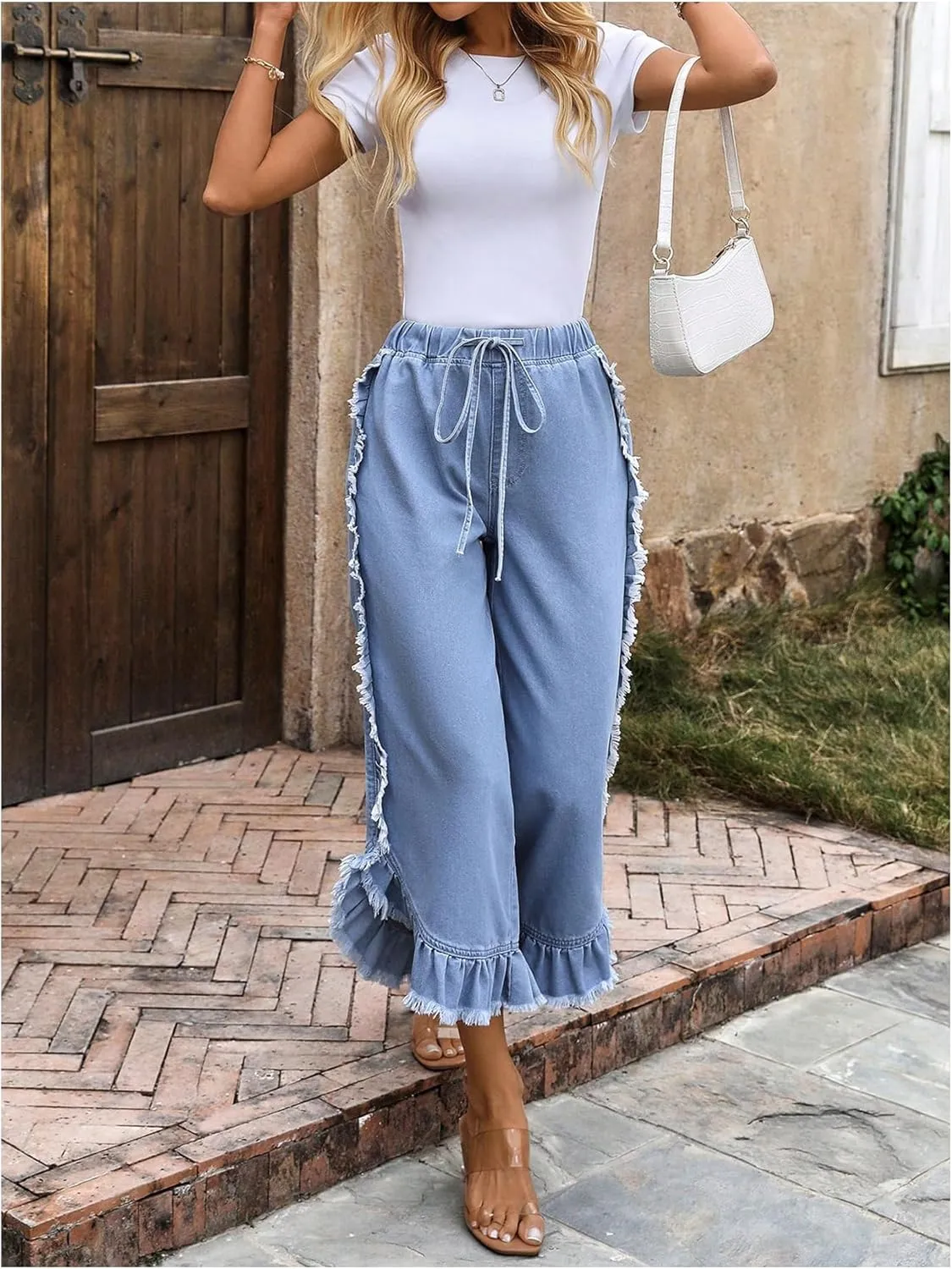 Verdusa Women's Wide Leg Baggy Cropped Jeans Ruffle Frayed Drawstring High Rise Denim Pants