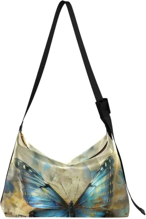 Vintage Blue Butterfly Shoulder Bag for Women Waterproof PU Leather Hobo Bags Crossbody Purse with Zipper Closure