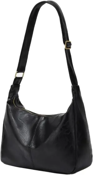 Vintage Leather Slouchy Hobo Shoulder Bag for Women, Soft PU Leather Crossbody Bag with Zipper, Stylish Brown Purse