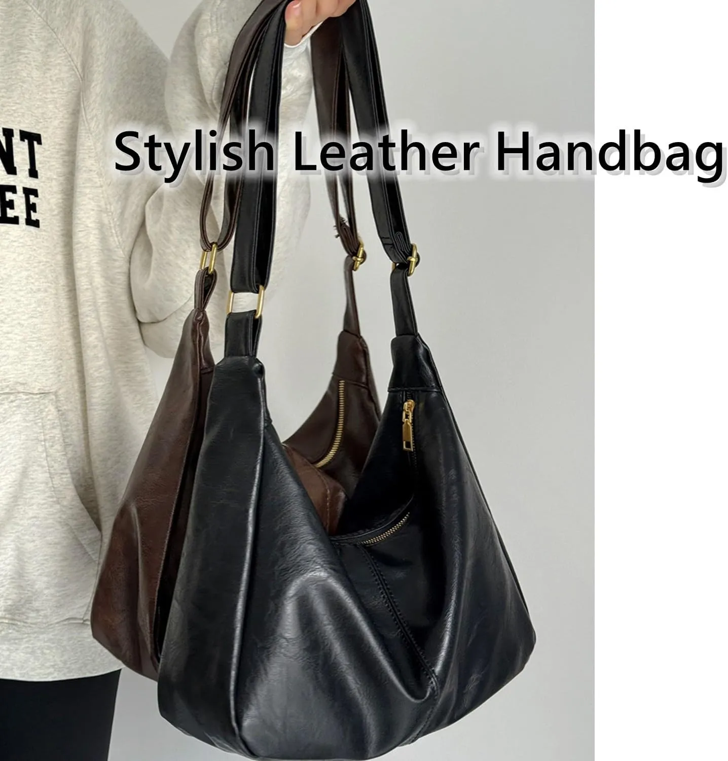 Vintage Leather Slouchy Hobo Shoulder Bag for Women, Soft PU Leather Crossbody Bag with Zipper, Stylish Brown Purse