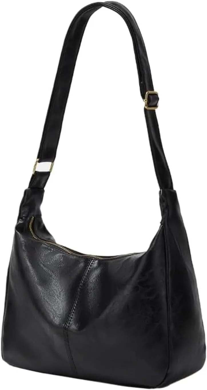 Vintage Leather Slouchy Hobo Shoulder Bag for Women, Soft PU Leather Crossbody Bag with Zipper, Stylish Brown Purse