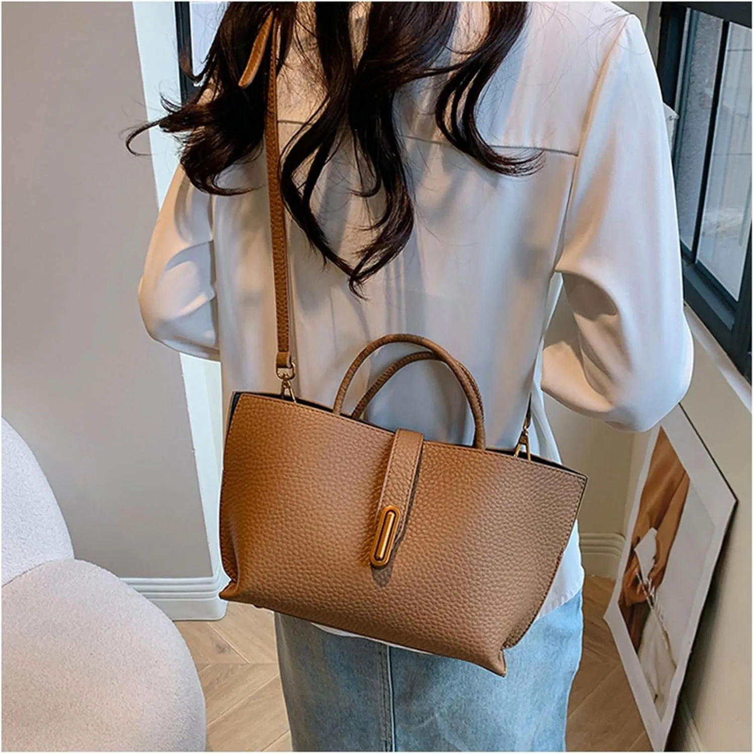 Vintage PU Tote Bag for Women - Large Capacity Handbag with Zipper Pocket, Stylish Top Handle Satchel for Daily Use