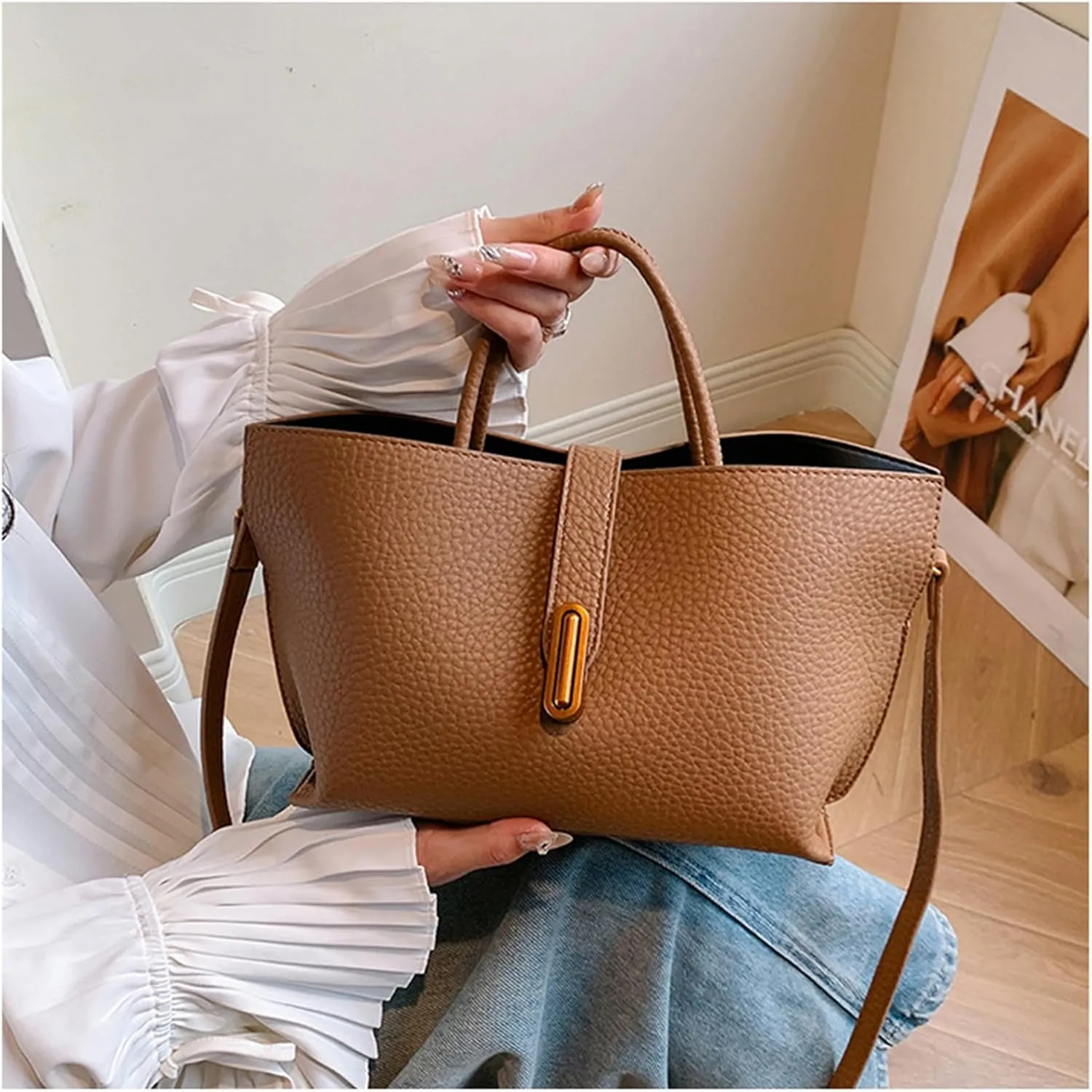 Vintage PU Tote Bag for Women - Large Capacity Handbag with Zipper Pocket, Stylish Top Handle Satchel for Daily Use