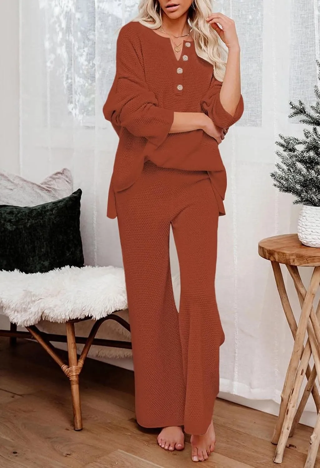Viottiset Women's 2 Piece Outfits Sweatsuit Knit Long Sleeve Sweater Wide Leg Pants Loungewear