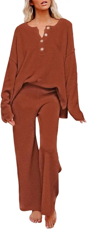 Viottiset Women's 2 Piece Outfits Sweatsuit Knit Long Sleeve Sweater Wide Leg Pants Loungewear