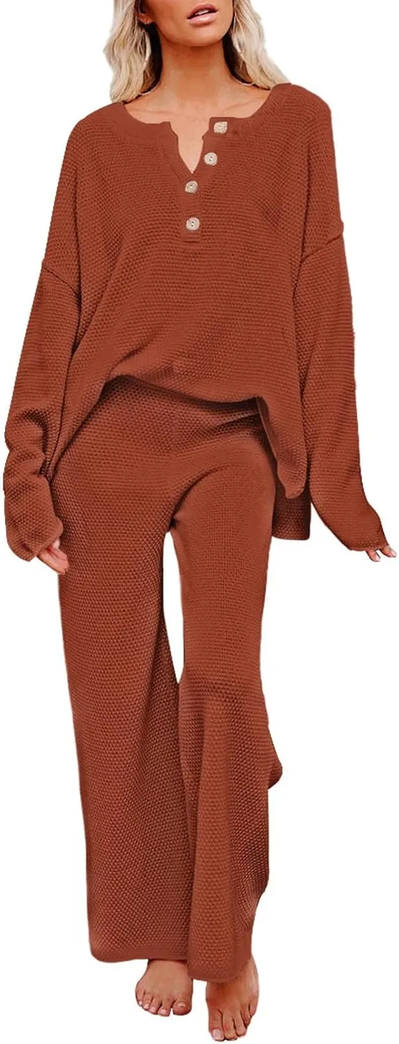 Viottiset Women's 2 Piece Outfits Sweatsuit Knit Long Sleeve Sweater Wide Leg Pants Loungewear