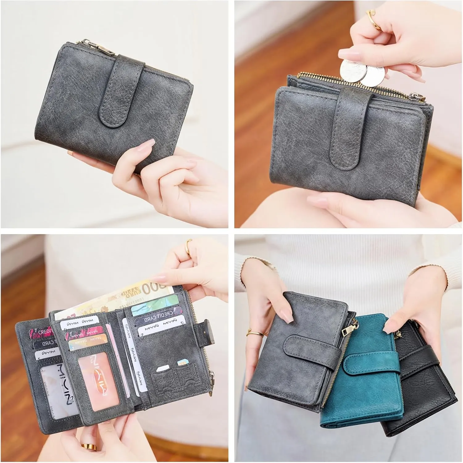 Wallet Women Small Leather RFID Blocking Credit Card Wallet Bifold Compact Ladies Purse with Zipper Coin Pocket