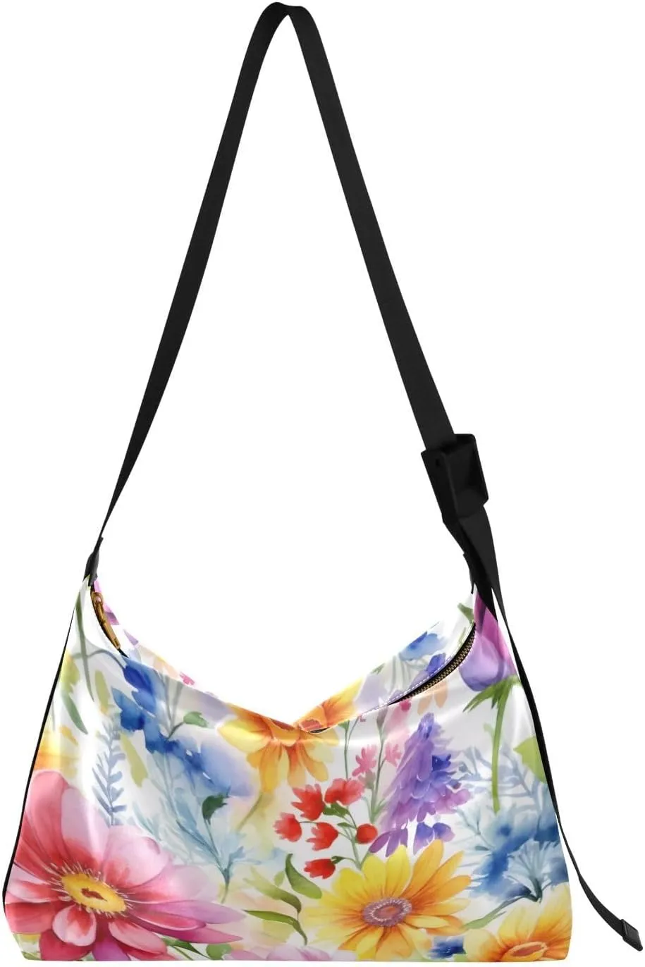 Watercolor Flowers Shoulder Bag for Women Waterproof PU Leather Hobo Bags Crossbody Purse with Zipper Closure