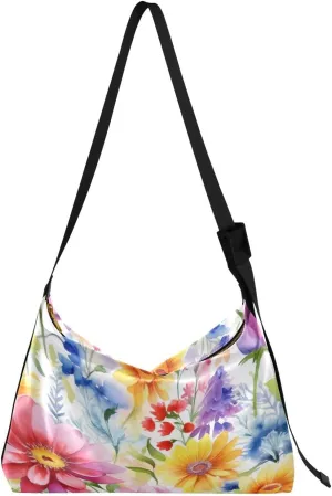 Watercolor Flowers Shoulder Bag for Women Waterproof PU Leather Hobo Bags Crossbody Purse with Zipper Closure