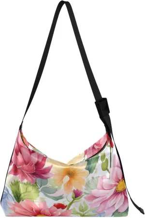 Watercolor Flowers Shoulder Bag for Women Waterproof PU Leather Hobo Bags Crossbody Purse with Zipper Closure