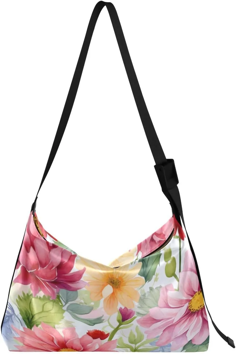 Watercolor Flowers Shoulder Bag for Women Waterproof PU Leather Hobo Bags Crossbody Purse with Zipper Closure