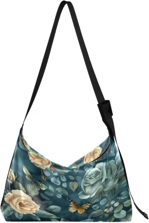 Watercolor Green Floral Shoulder Bag for Women Waterproof PU Leather Hobo Bags Crossbody Purse with Zipper Closure