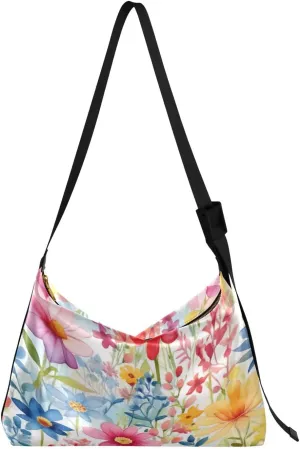 Watercolor Small Flowers Shoulder Bag for Women Waterproof PU Leather Hobo Bags Crossbody Purse with Zipper Closure