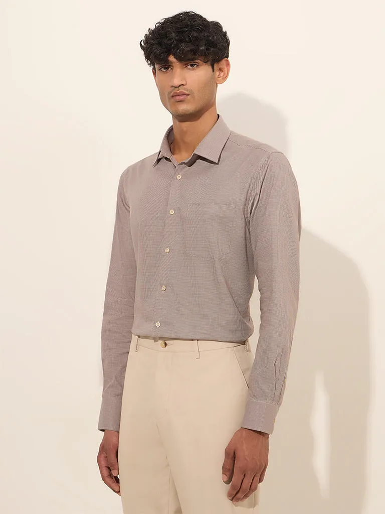 WES Formals Brown Checkered Slim-Fit Cotton Shirt