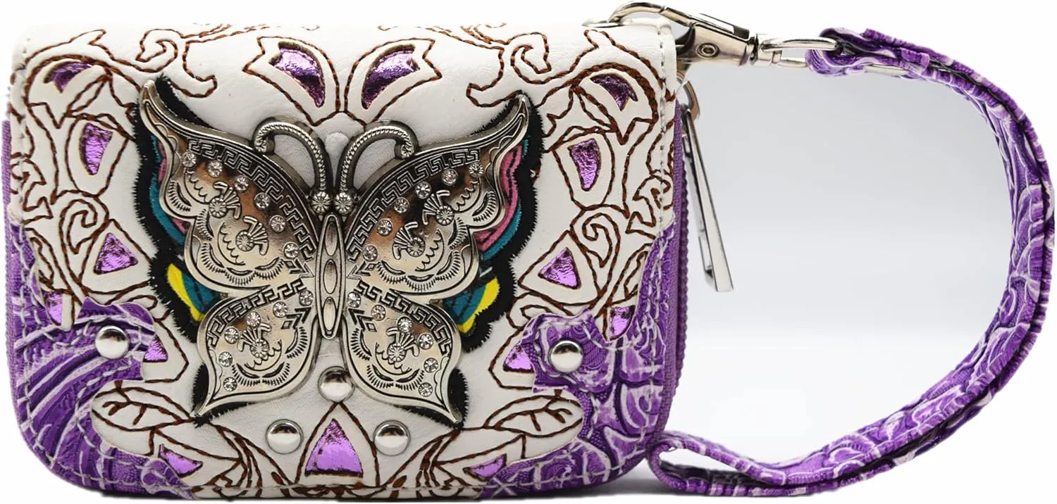 Western Style Butterfly Credit Card Wallet Leather Zipper Card Case Holder for Women Small Wristlet Mini Slim Compact Size