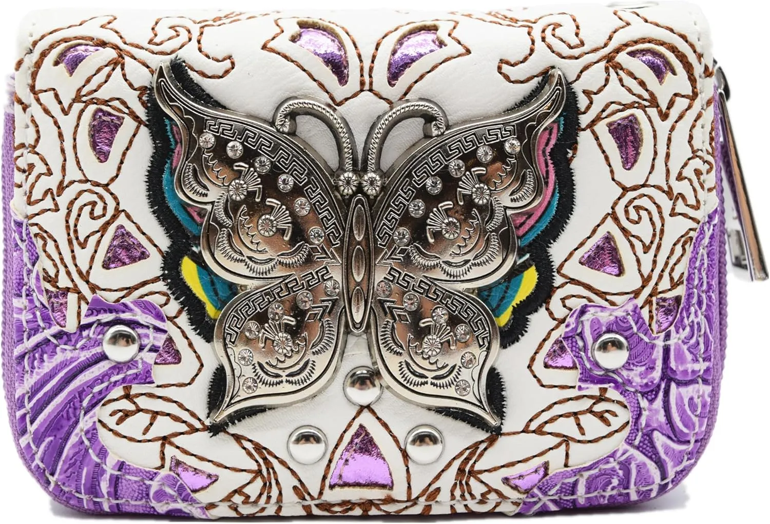 Western Style Butterfly Credit Card Wallet Leather Zipper Card Case Holder for Women Small Wristlet Mini Slim Compact Size