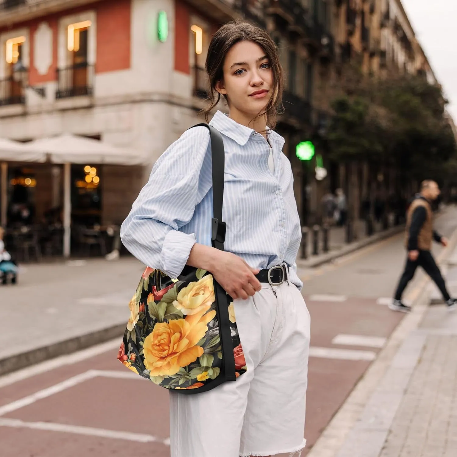 White and Blue Painted Wall Shoulder Bag Leather, Womens Hobo Handbags, Crossbody Large Leather Bag