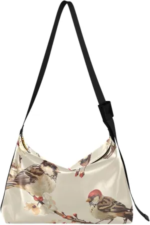 White Flower Bird Crossbody Bag for Women Men with Adjustable Strap PU Leather Shoulder Hobo Purse Bag 20857964