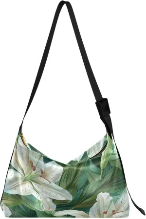 White Lilies Shoulder Bag for Women Waterproof PU Leather Hobo Bags Crossbody Purse with Zipper Closure