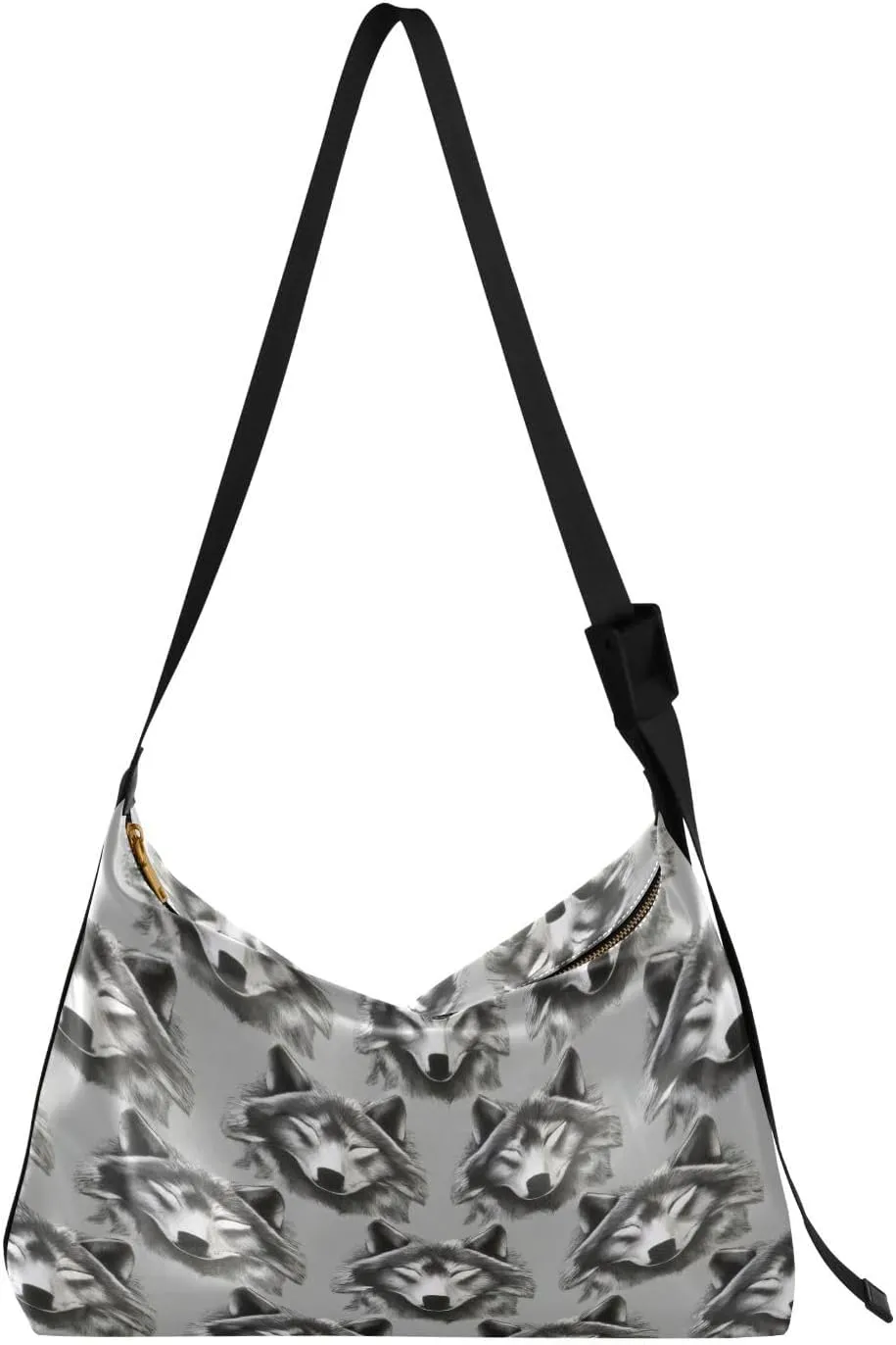Wolf Pattern Gray Shoulder Bag for Women Waterproof PU Leather Hobo Bags Crossbody Purse with Zipper Closure