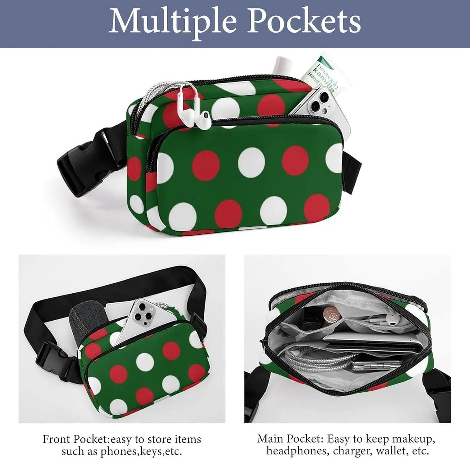 Women and Men Compact Crossbody Pouch Compatible with Christmas Decoration Polka Dot - Sports Fanny Pack with Adjustable Waist Strap