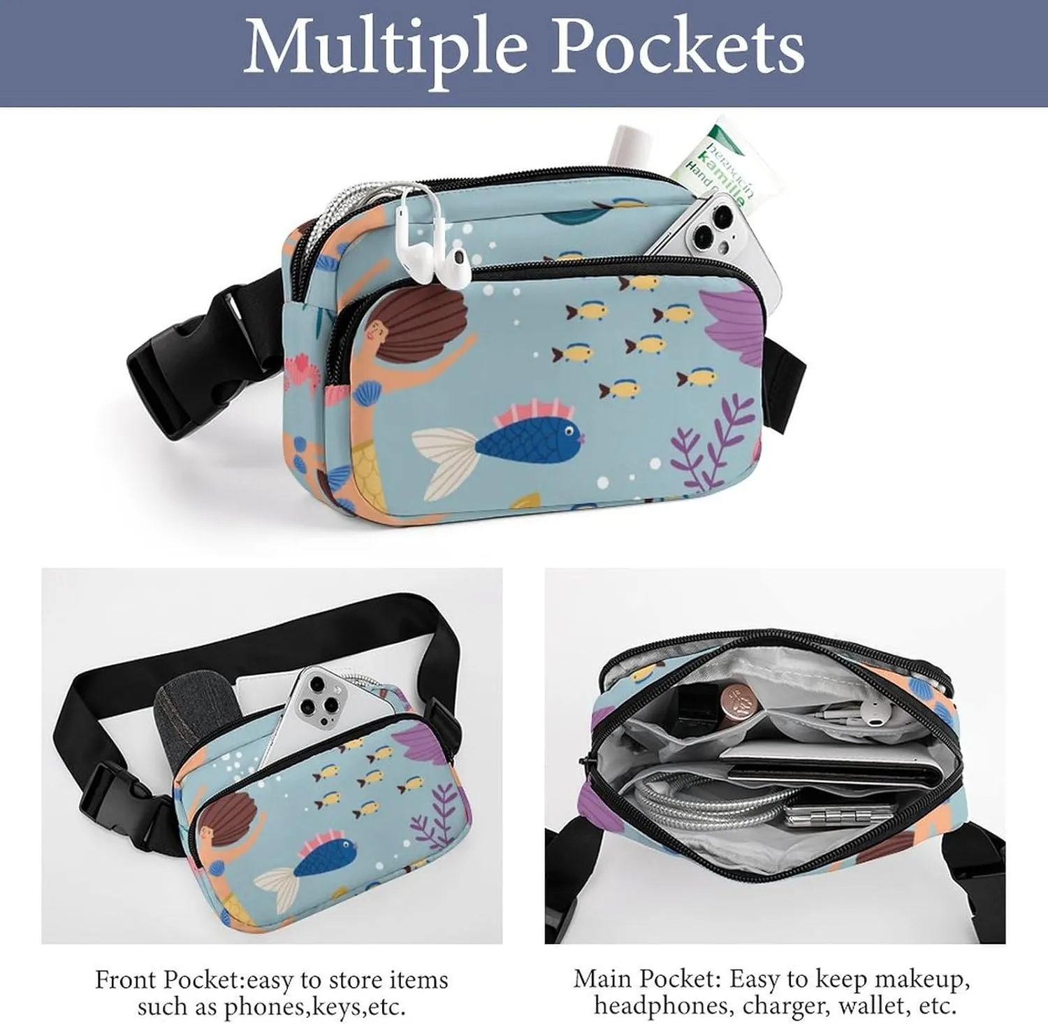 Women and Men Compact Crossbody Pouch Compatible with Mermaid Girls Pattern - Sports Fanny Pack with Adjustable Waist Strap